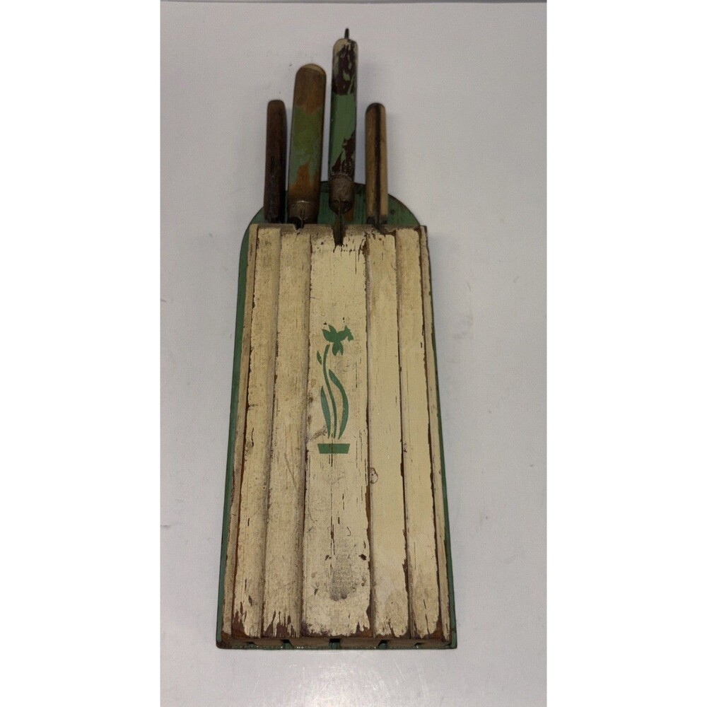 VINTAGE NUWAY 1940s KITCHEN 5 SLOT WOODEN KNIFE HOLDER  With Vintage Knives - Picture 6 of 6